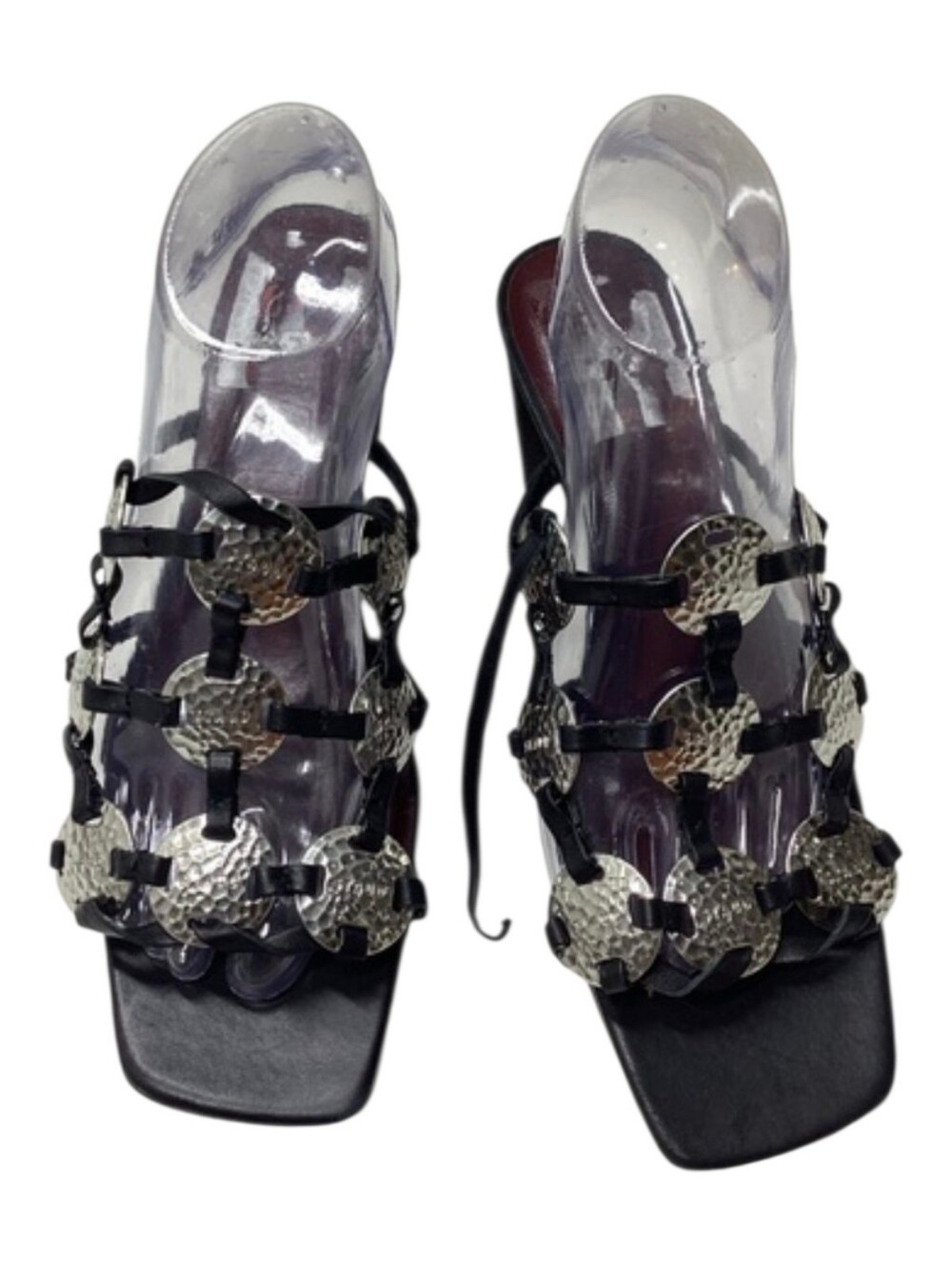 STAUD Black Leather Strappy Heels with Hammered Silver Discs Size 9 US EU 40